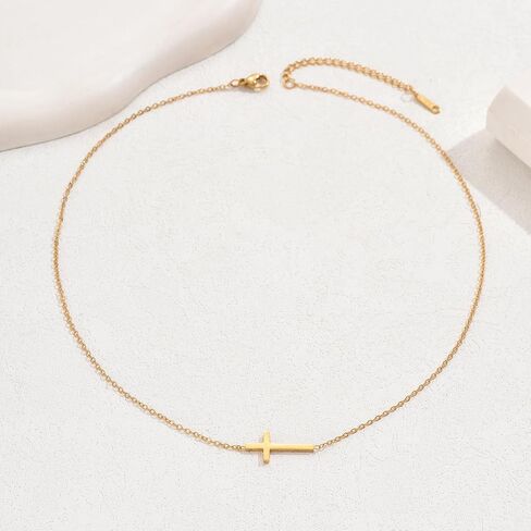 Cross Necklace for Women 18K Gold Plated Dainty Tiny Sideways Cross Choker Necklace Adjustable Stainless Steel Trendy Faith Jewelry in Kuwait