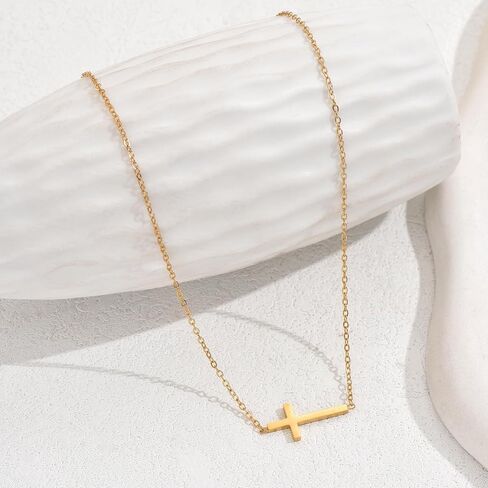 Cross Necklace for Women 18K Gold Plated Dainty Tiny Sideways Cross Choker Necklace Adjustable Stainless Steel Trendy Faith Jewelry in Kuwait