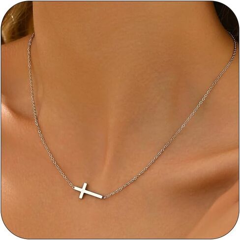 Cross Necklace for Women 18K Gold Plated Dainty Tiny Sideways Cross Choker Necklace Adjustable Stainless Steel Trendy Faith Jewelry in Kuwait