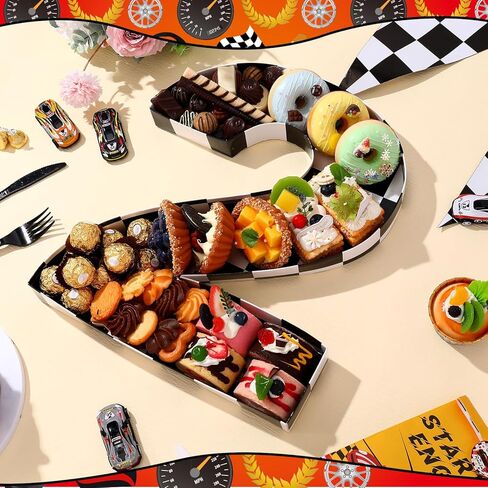 Mifoci 13.7" Race Car Cardboard Fillable Number Box for Charcuterie Fast Birthday Party Decor 1st 2nd 3rd 5th Number Shaped Box Black and White Checkered Snack Paper Mache Tray for Party Supplies (1) in Kuwait