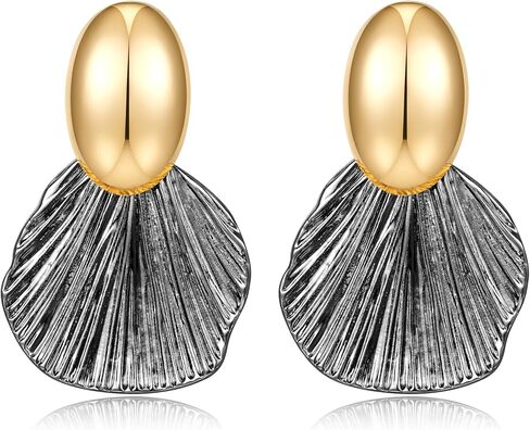 Gold Earrings Dangle Chunky Fan-shaped Earrings Shell Earring for Women Two-Tone Fashion Statement Jewelry in Kuwait