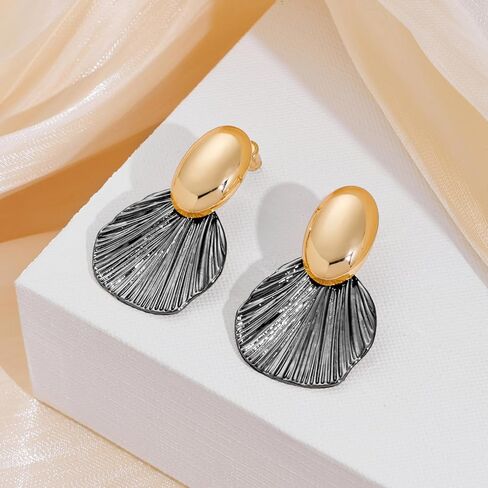 Gold Earrings Dangle Chunky Fan-shaped Earrings Shell Earring for Women Two-Tone Fashion Statement Jewelry in Kuwait