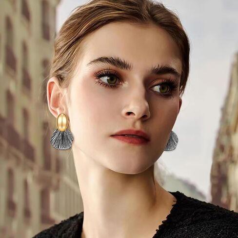 Gold Earrings Dangle Chunky Fan-shaped Earrings Shell Earring for Women Two-Tone Fashion Statement Jewelry in Kuwait