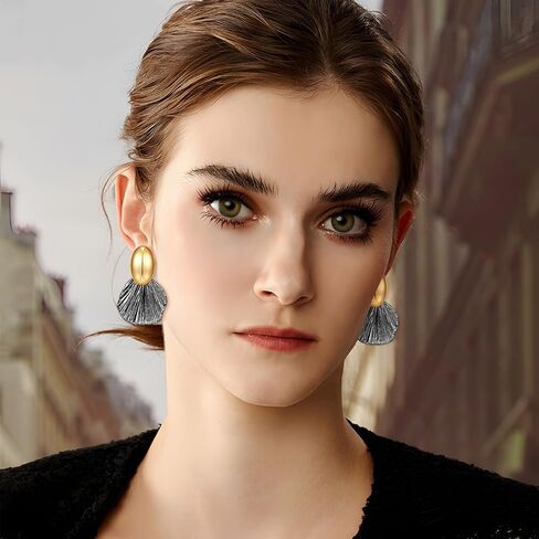 Gold Earrings Dangle Chunky Fan-shaped Earrings Shell Earring for Women Two-Tone Fashion Statement Jewelry in Kuwait