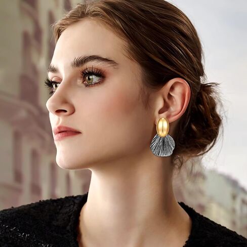 Gold Earrings Dangle Chunky Fan-shaped Earrings Shell Earring for Women Two-Tone Fashion Statement Jewelry in Kuwait