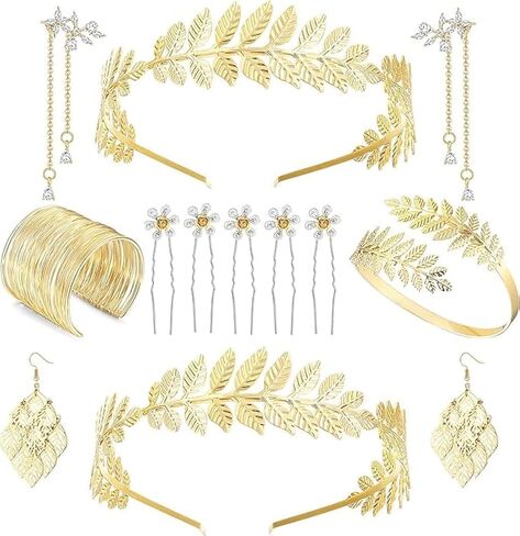 FINREZIO Greek Goddess Costume Accessories Set for Women Leaf Headband Armband Bracelet Golden Laurel Leaves Crown Artificial Dangle Earrings Bridal Wedding Headpiece Party Toga Jewelry in Kuwait