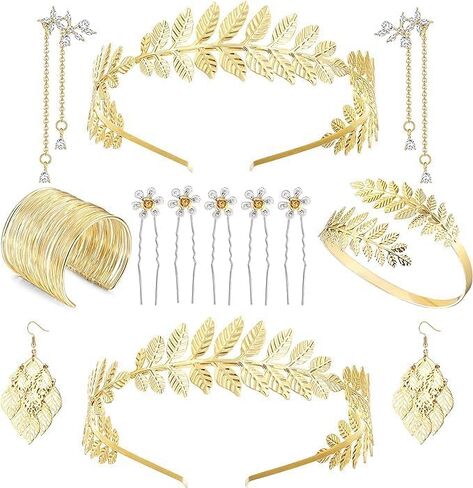FINREZIO Greek Goddess Costume Accessories Set for Women Leaf Headband Armband Bracelet Golden Laurel Leaves Crown Artificial Dangle Earrings Bridal Wedding Headpiece Party Toga Jewelry in Kuwait