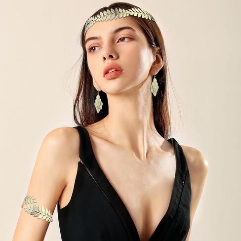 FINREZIO Greek Goddess Costume Accessories Set for Women Leaf Headband Armband Bracelet Golden Laurel Leaves Crown Artificial Dangle Earrings Bridal Wedding Headpiece Party Toga Jewelry in Kuwait