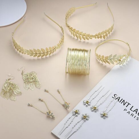 FINREZIO Greek Goddess Costume Accessories Set for Women Leaf Headband Armband Bracelet Golden Laurel Leaves Crown Artificial Dangle Earrings Bridal Wedding Headpiece Party Toga Jewelry in Kuwait