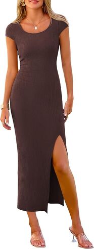 PRETTYGARDEN Women's Bodycon Maxi Dress Casual Summer Cap Sleeve Ribbed Knit Fitted Party Club Long Slit Dresses in Saudi Arabia