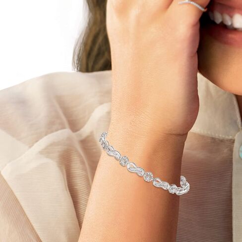 Jewelili الفضة الاسترليني 1/2 قيراط الأبيض الطبيعي جولة وسوار الماس الرغيف الفرنسي، 7.25 بوصة in Saudi Arabia