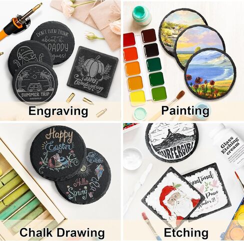 48 PCS Slate Coasters Bulk, MAPRIAL 4 Inch Black Stone Coasters for Drinks, Laser Engraving Blanks Material, 24 PCS Natural Square Coasters and 24 PCS Round Coasters for Engraver, Gifts, Home Decor in Kuwait
