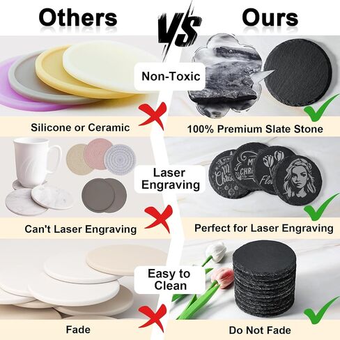 48 PCS Slate Coasters Bulk, MAPRIAL 4 Inch Black Stone Coasters for Drinks, Laser Engraving Blanks Material, 24 PCS Natural Square Coasters and 24 PCS Round Coasters for Engraver, Gifts, Home Decor in Kuwait