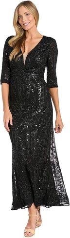 Long Corded Sequin Dress with 3/4 Sleeve V Neckline and Set in Waistline in Kuwait