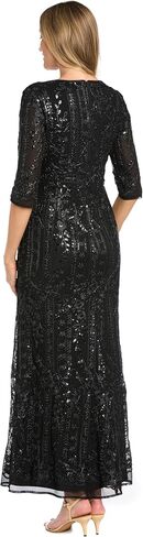 Long Corded Sequin Dress with 3/4 Sleeve V Neckline and Set in Waistline in Kuwait