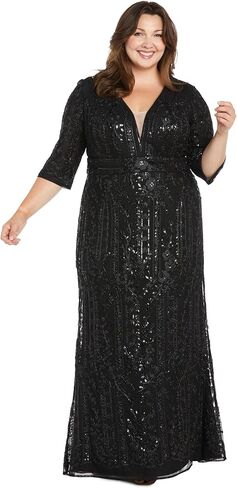 Long Corded Sequin Dress with 3/4 Sleeve V Neckline and Set in Waistline in Kuwait