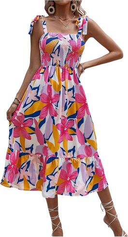 MakeMeChic Women's Summer Boho Dress Casual Floral Print Spaghetti Strap Square Neck Long Maxi Dress Beach Sun Dress in Saudi Arabia