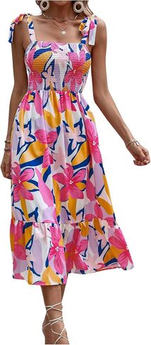 MakeMeChic Women's Summer Boho Dress Casual Floral Print Spaghetti Strap Square Neck Long Maxi Dress Beach Sun Dress in Saudi Arabia