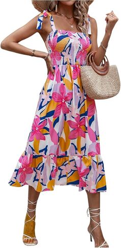 MakeMeChic Women's Summer Boho Dress Casual Floral Print Spaghetti Strap Square Neck Long Maxi Dress Beach Sun Dress in Saudi Arabia