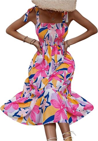 MakeMeChic Women's Summer Boho Dress Casual Floral Print Spaghetti Strap Square Neck Long Maxi Dress Beach Sun Dress in Saudi Arabia
