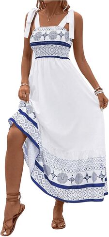 MakeMeChic Women's Summer Boho Dress Casual Floral Print Spaghetti Strap Square Neck Long Maxi Dress Beach Sun Dress in Saudi Arabia