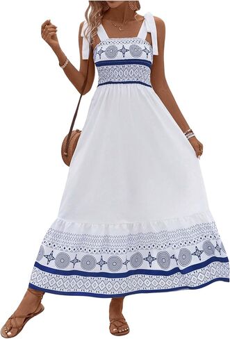 MakeMeChic Women's Summer Boho Dress Casual Floral Print Spaghetti Strap Square Neck Long Maxi Dress Beach Sun Dress in Saudi Arabia