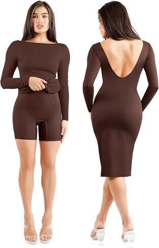 Popilush Shapewear Cocktail Dress Backless Shaper Dress with Built in Shapewear Long Sleeve Cocktail Dresses for Women in Kuwait