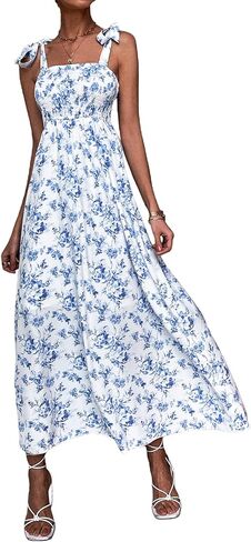 MakeMeChic Women's Summer Boho Dress Casual Floral Print Spaghetti Strap Square Neck Long Maxi Dress Beach Sun Dress in Kuwait