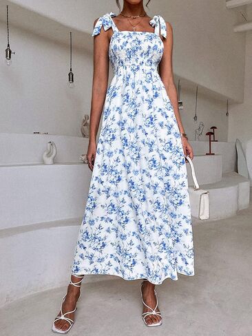 MakeMeChic Women's Summer Boho Dress Casual Floral Print Spaghetti Strap Square Neck Long Maxi Dress Beach Sun Dress in Kuwait