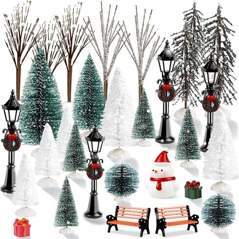 ONESING 30 Pcs Christmas Village Accessories Bottle Brush Trees Bench Pathway Light Miniature Christmas Village Sets for Home Indoor Village Holiday Christmas Party Decorations in Saudi Arabia