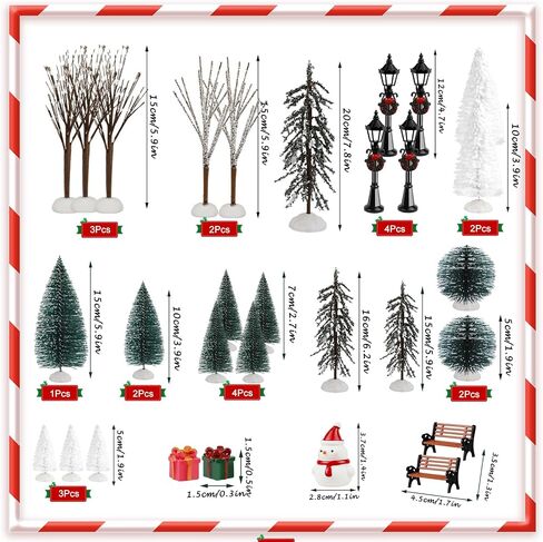 ONESING 30 Pcs Christmas Village Accessories Bottle Brush Trees Bench Pathway Light Miniature Christmas Village Sets for Home Indoor Village Holiday Christmas Party Decorations in Saudi Arabia