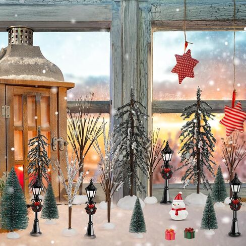 ONESING 30 Pcs Christmas Village Accessories Bottle Brush Trees Bench Pathway Light Miniature Christmas Village Sets for Home Indoor Village Holiday Christmas Party Decorations in Saudi Arabia