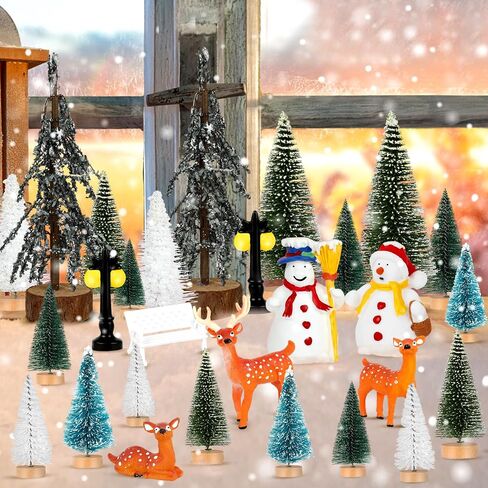 ONESING 30 Pcs Christmas Village Accessories Bottle Brush Trees Bench Pathway Light Miniature Christmas Village Sets for Home Indoor Village Holiday Christmas Party Decorations in Saudi Arabia
