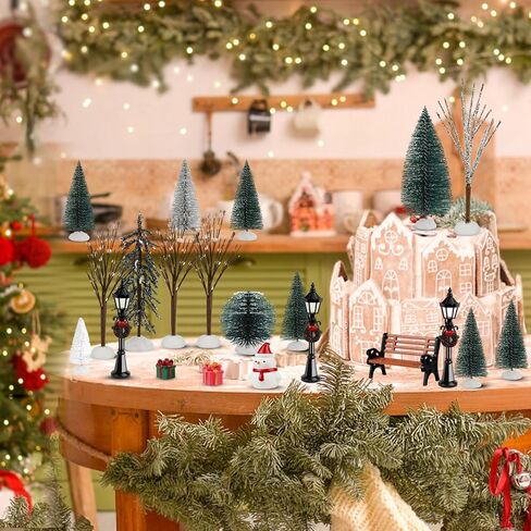 ONESING 30 Pcs Christmas Village Accessories Bottle Brush Trees Bench Pathway Light Miniature Christmas Village Sets for Home Indoor Village Holiday Christmas Party Decorations in Saudi Arabia