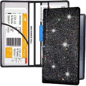 LIFUTOPIA Bing Rhinestone Car Registration and Insurance Document Holder, Glitter Artificial Diamond Lether Vehicle Accessories Car Essentials Glove Box Organizer Compartment Case White