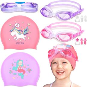 8 Pack Kids Swim Cap for Long/Short Hair, Unisex Silicone Swimming Cap for Age 2-14 with Goggles Ear Plug Nose Clip Bathing Swim Caps for Children Boys Girls