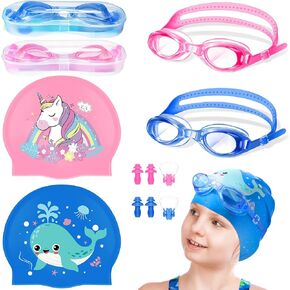 8 Pack Kids Swim Cap for Long/Short Hair, Unisex Silicone Swimming Cap for Age 2-14 with Goggles Ear Plug Nose Clip Bathing Swim Caps for Children Boys Girls