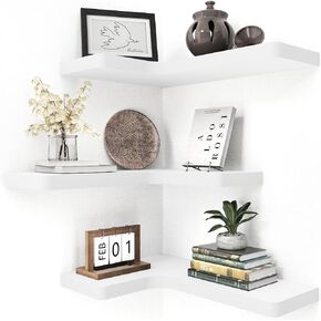 fuqing Corner Floating Shelves for Storage, Set of 3, Solid Wood, Wall Mount Wooden Display Shelf for Bathroom Bedroom Kitchen Garage, Black