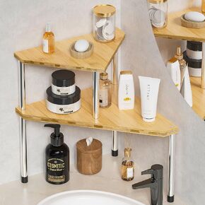Weenson Bathroom Counter Organizer Corner Shelf - 2 Tier Bathroom Organization Bamboo Bathroom Sink Shelf Kitchen Countertop Organizer Adjustable Free-Standing Counter Storage Shelf(Antique)