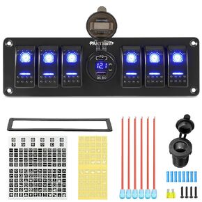 Partsam 6 Gang Rocker Switch Panel 12V-24V Aluminum Boat Marine Toggle Switch with USB and Type C Charger Voltmeter w/Fuses and Cigarette Lighter Plugs Waterproof for Car Pickup RV Van SUV UVT ATV