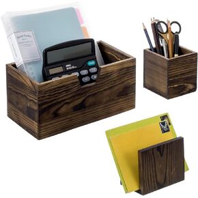 MyGift Rustic Burnt Solid Wood Magnetic Office Supplies Baskets with Mail Sorter Slot, Stationery Storage Organizer, and Marker Pen Holder Box, 3 Piece Set