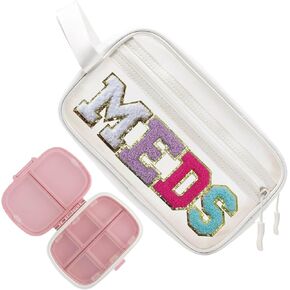 Clear MEDS Letter Patch Bag with Small Pill Case Organizer for Travel Purse Pouch, Cute Medicine Dispenser Mini Medication Box Vitamin Holder Women Teen Girls Preppy Christmas Gift (Pink)