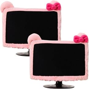 2 Pcs Computer Monitor Cover with Cat Ear Furry Pink Kawaii Elastic Monitor Dust Cover Dustproof Cover for PC TV Laptop LCD Screen (17 - 24 Inch)