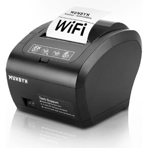 طابعة إيصالات حرارية MUNBYN WiFi مع منفذ USB/LAN/RS232، طابعة POS مقاس 80 مم تعمل مع درج النقود المربع لنظام Windows Mac Chromebook Linux، حامل جداري عالي السرعة، ESC/POS (P047-WiFi)