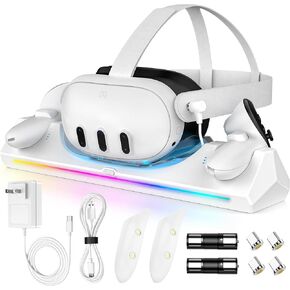 3 in 1 Charging Dock for Meta/Oculus Quest 3, 30W Fast Charging Station for Meta Quest 3 Headset Controllers and Other USB Device VR Accessories, RGB Charging Stand with Rechargeable Batteries in Kuwait