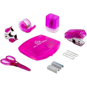 LD Products Pink Mini Office Supply Kit Portable Case with Scissors, Paper Clips, Tape Dispenser, Pencil Sharpener, Stapler & Staple Remover