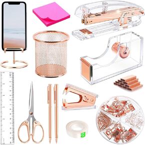 Gold Desk Accessories, Acrylic Stapler, Staple Remover, Tape Holder, Pen Holder, Ballpoint Pen, Scissor, Binder Clips, Staples, Phone Holder, Ruler, Transparent Glue and Sticky notes
