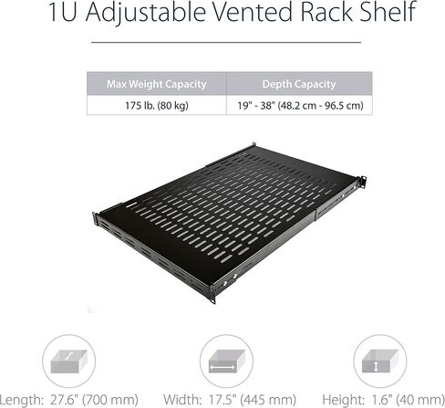 StarTech.com 1U Adjustable Vented Server Rack Mount Shelf - 250lbs - 19.5 to 38in & 1U Adjustable Vented Server Rack Mount Shelf - 175lbs - 19.5 to 38in Adjustable Mounting Depth Universal Tray in Saudi Arabia