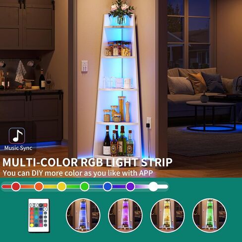 YITAHOME Corner Shelf Stand with Led Light, 70.9" Ladder Corner Bookshelf, Modern 5 Tier Corner Bookcase, Wooden Open Display Shelving Storage Rack for Bedroom, Living Room, Home Office, White in Saudi Arabia