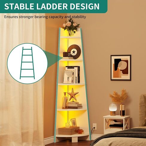 YITAHOME Corner Shelf Stand with Led Light, 70.9" Ladder Corner Bookshelf, Modern 5 Tier Corner Bookcase, Wooden Open Display Shelving Storage Rack for Bedroom, Living Room, Home Office, White in Saudi Arabia